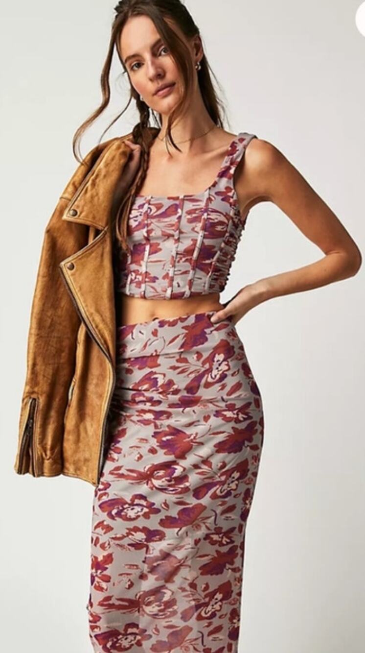 Free People Floral Cropped Tank Top in Mauve and Cream